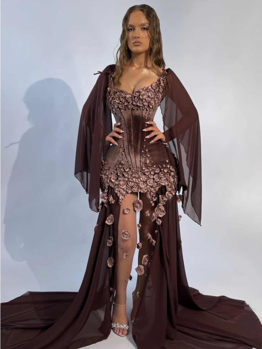 Chama Elegant Brown Floral Appliqué Corset Gown
